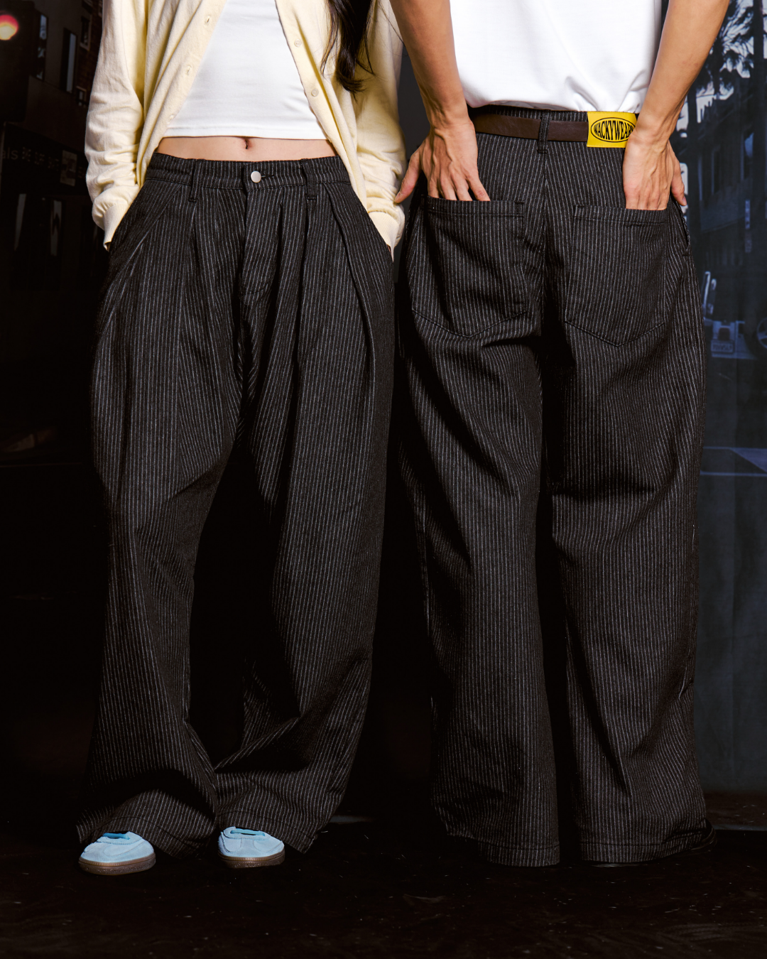 *BACKORDER* Pinstripe Pleated Baggy Jeans (Black)