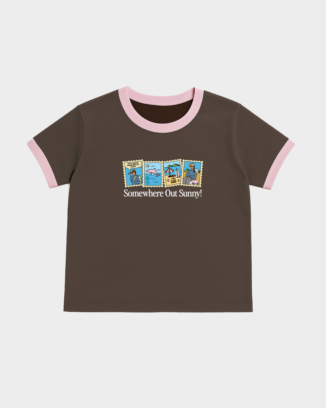 Somewhere Out Sunny! Ringer Baby Tee – Brown