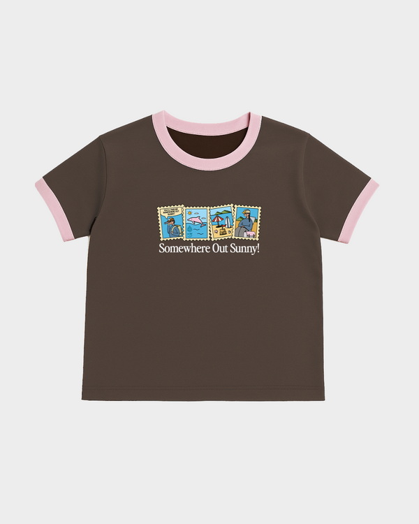 Somewhere Out Sunny! Ringer Baby Tee – Brown