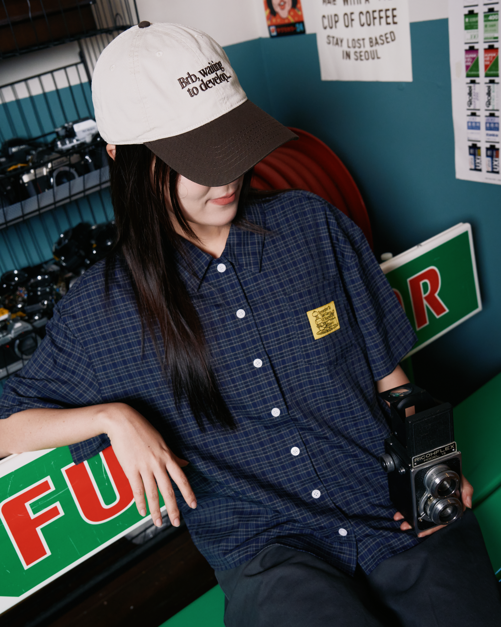 Checked Boxy Pocket Shirt (Navy)