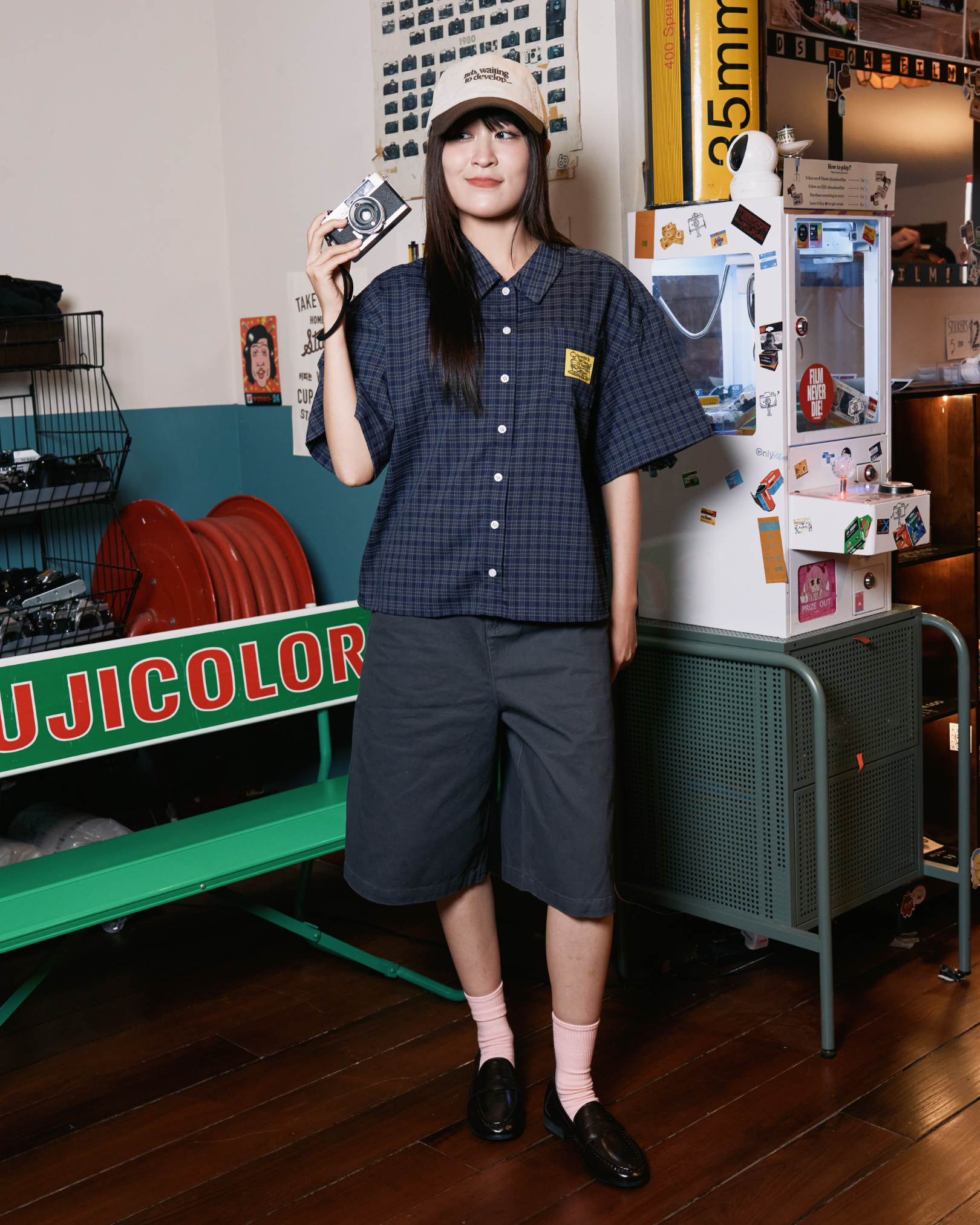 Checked Boxy Pocket Shirt (Navy)