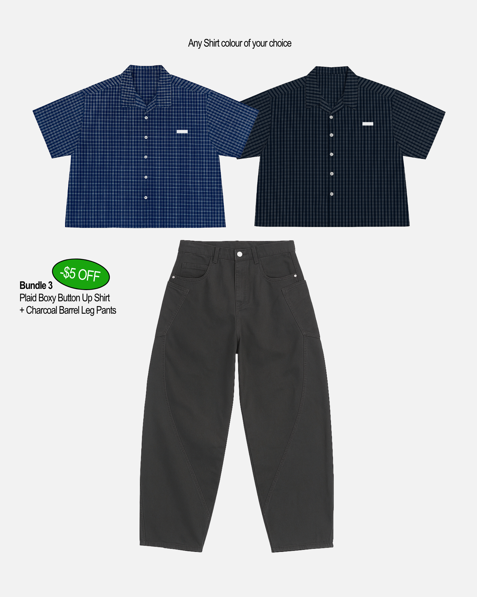 Plaid Boxy Button Up Shirt + Charcoal Barrel Leg Pants (Bundle 3)
