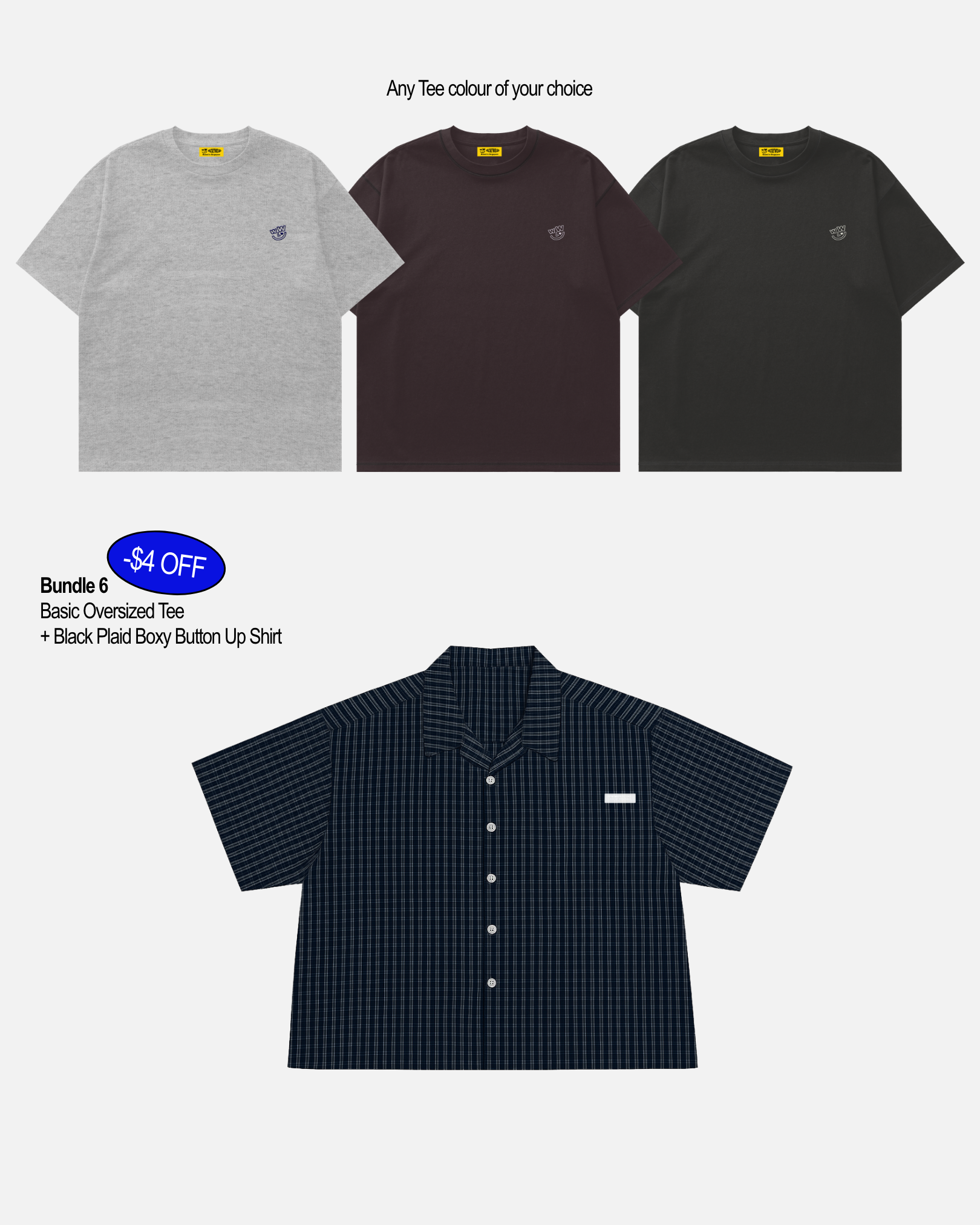 Basic Oversized Tee + Black Plaid Boxy Button-Up Shirt (Bundle 6)