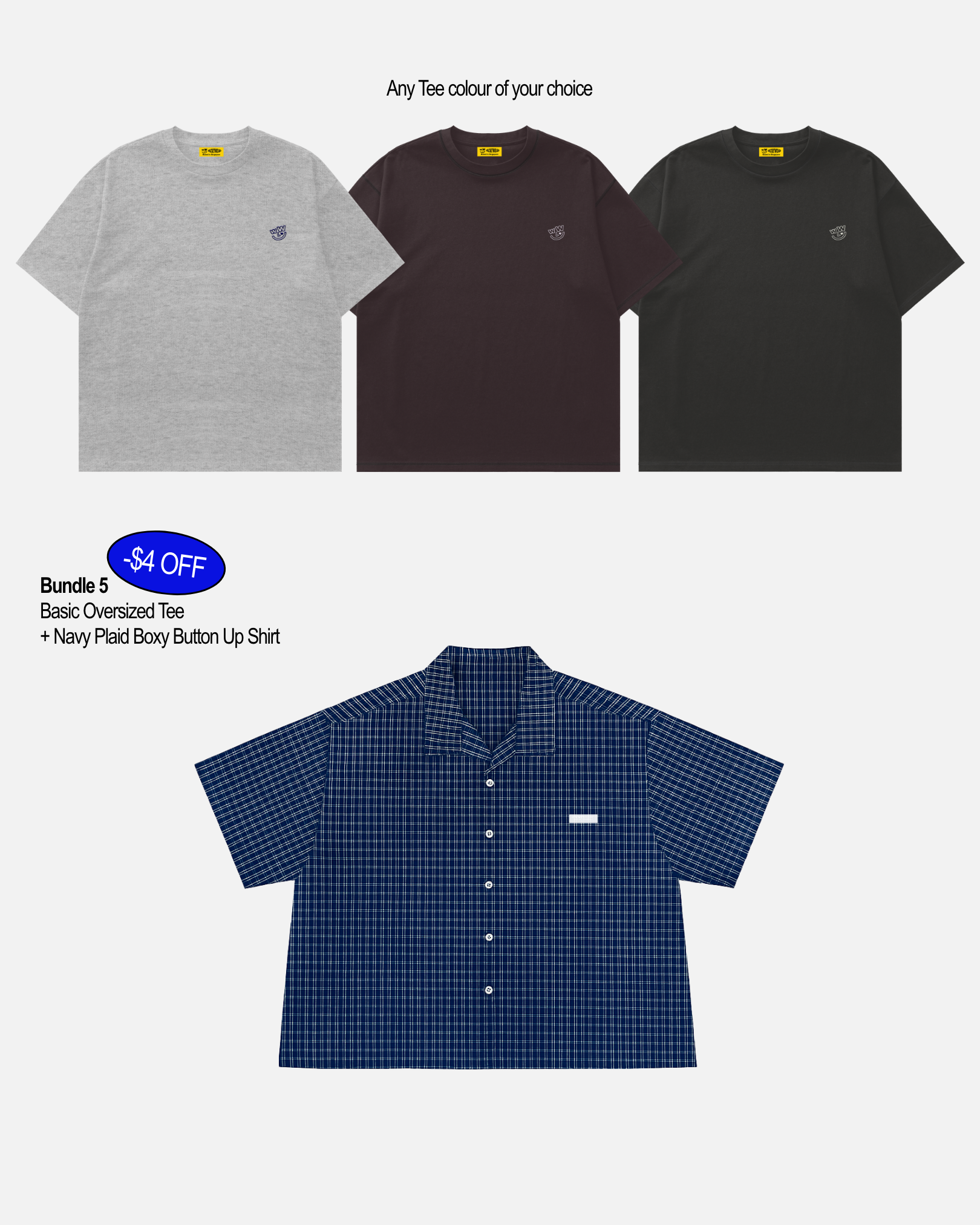 Basic Oversized Tee + Navy Plaid Boxy Button-Up Shirt (Bundle 5)