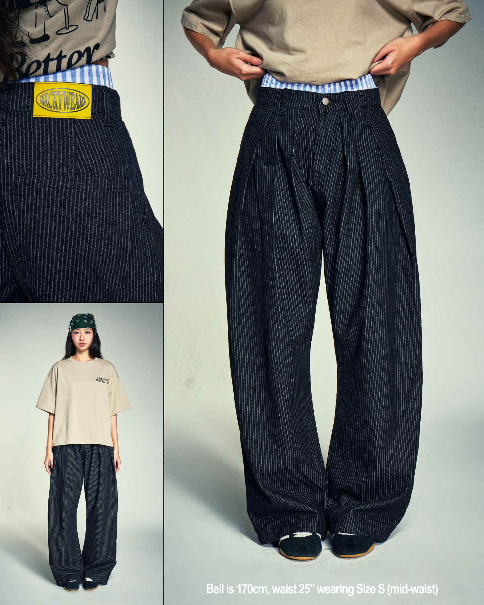 Pinstripe Pleated Baggy Jeans (Black)